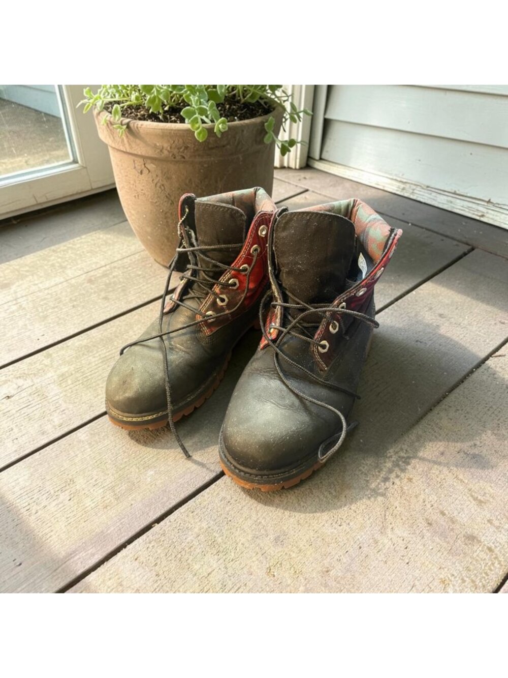 Timberland Black Leather Boots Plaid Camo Collar Men’s 6 Lace Up